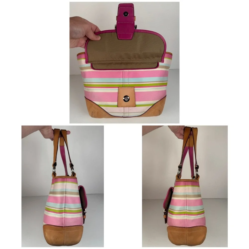 Coach Hampton Soho Buckle Multicolor Striped Twill Tote Bag Purse Vintage Y2K - Picture 4 of 8